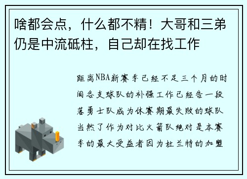 啥都会点，什么都不精！大哥和三弟仍是中流砥柱，自己却在找工作
