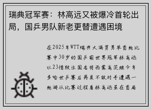 瑞典冠军赛：林高远又被爆冷首轮出局，国乒男队新老更替遭遇困境